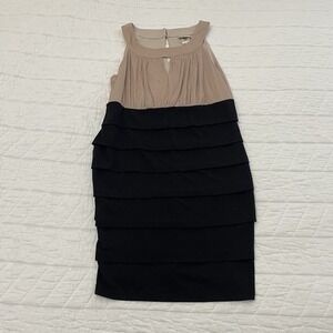 En Focus Petite Sheath Dress Black Beige Colorblock Chiffon Sz 14P